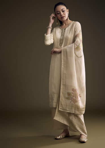 Cream Tissue Palazzo Suit With Sequins And Cutdana Work