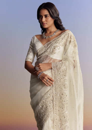 Cream Tissue Saree With Sequins Floral Embroidery