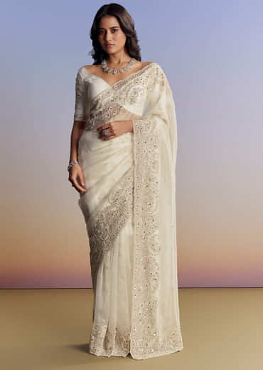 Cream Tissue Saree With Sequins Floral Embroidery