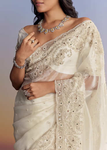 Cream Tissue Saree With Sequins Floral Embroidery
