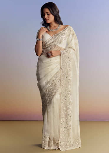 Cream Tissue Saree With Sequins Floral Embroidery