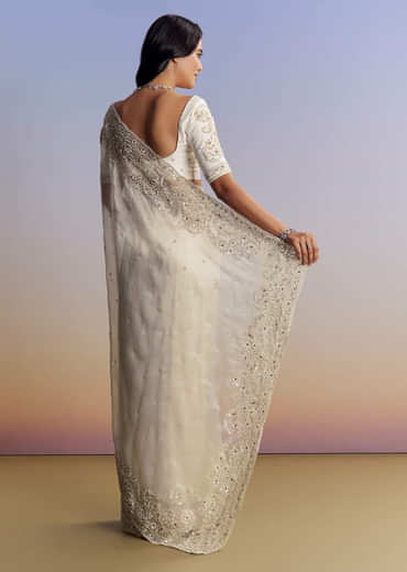 Cream Tissue Saree With Sequins Floral Embroidery