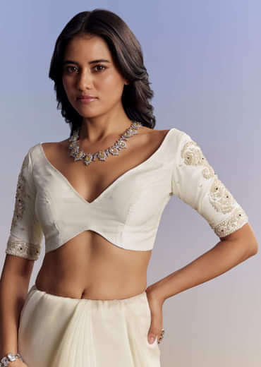 Cream Tissue Saree With Sequins Floral Embroidery