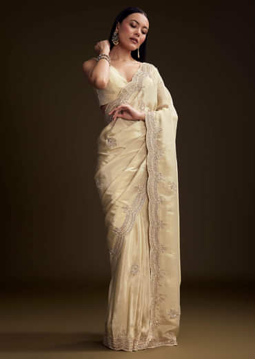 Cream Tissue Saree With Zardosi And Bead Embroidery