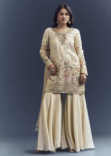 Cream Tissue Sharara Suit With Resham Hand Embroidery