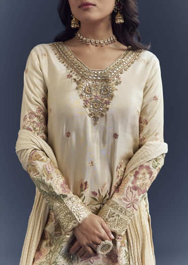 Cream Tissue Sharara Suit With Resham Hand Embroidery