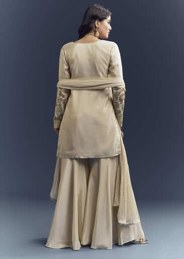 Cream Tissue Sharara Suit With Resham Hand Embroidery