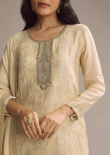 Cream White Banarasi Georgette Palazzo Suit