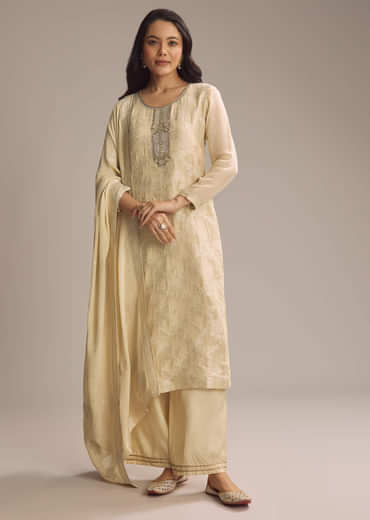 Cream White Banarasi Georgette Palazzo Suit