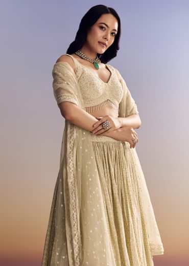 Cream White Banarasi Lehenga Set With Cut Dana Choli