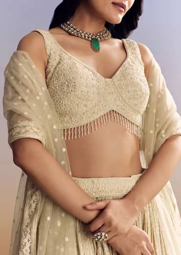 Cream White Banarasi Lehenga Set With Cut Dana Choli