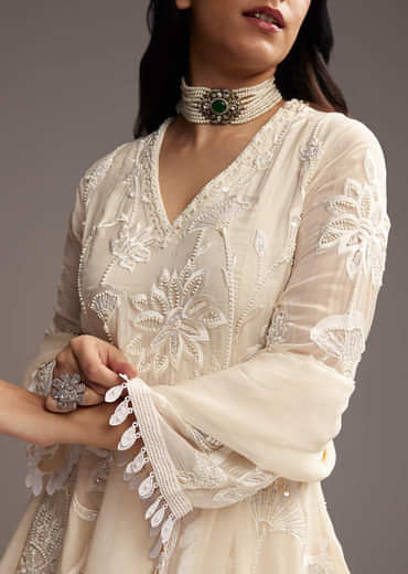 Cream White Organza Kurta Set With Resham Work
