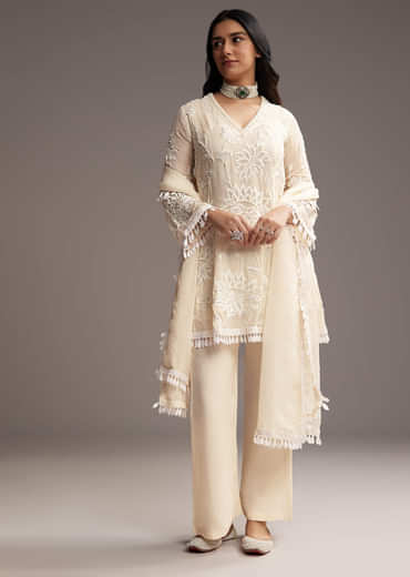 Cream White Organza Kurta Set With Resham Work