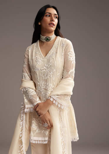 Cream White Organza Kurta Set With Resham Work