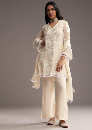 Cream White Organza Kurta Set With Resham Work