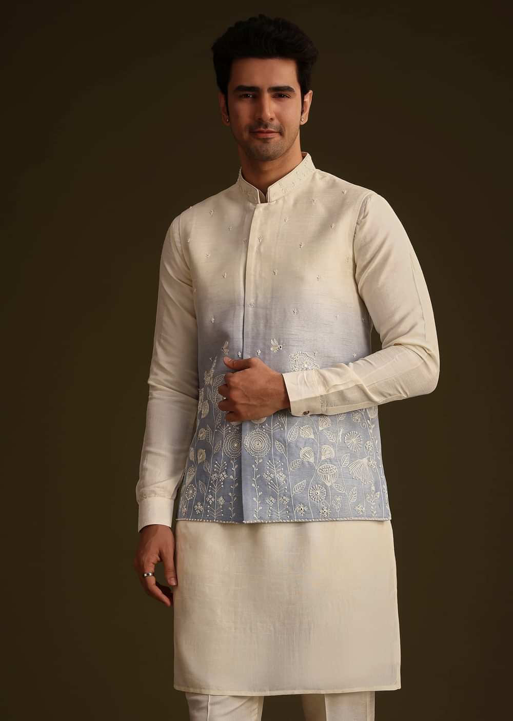 Cream And Blue Silk Jacket Set