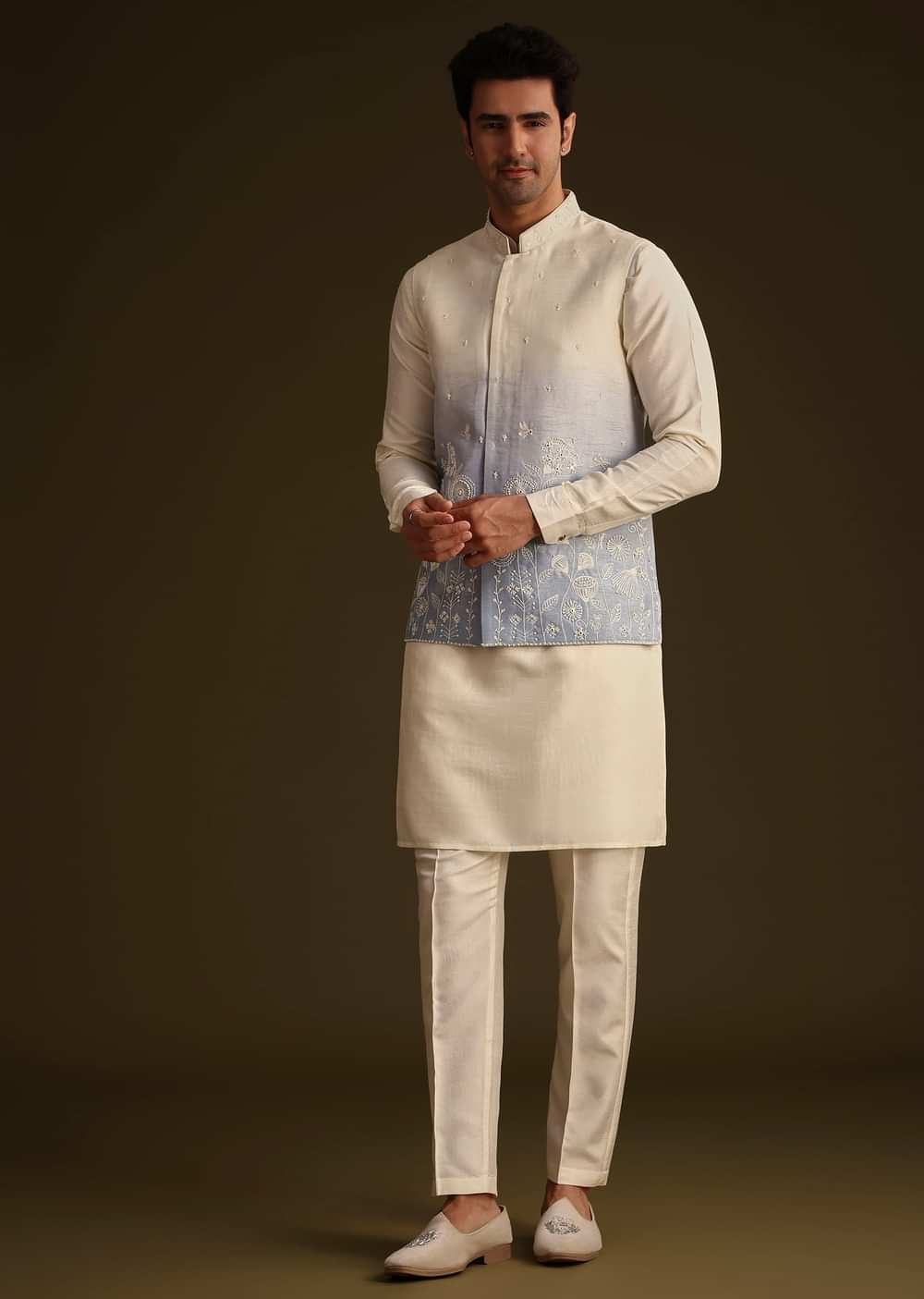 Cream And Blue Silk Jacket Set