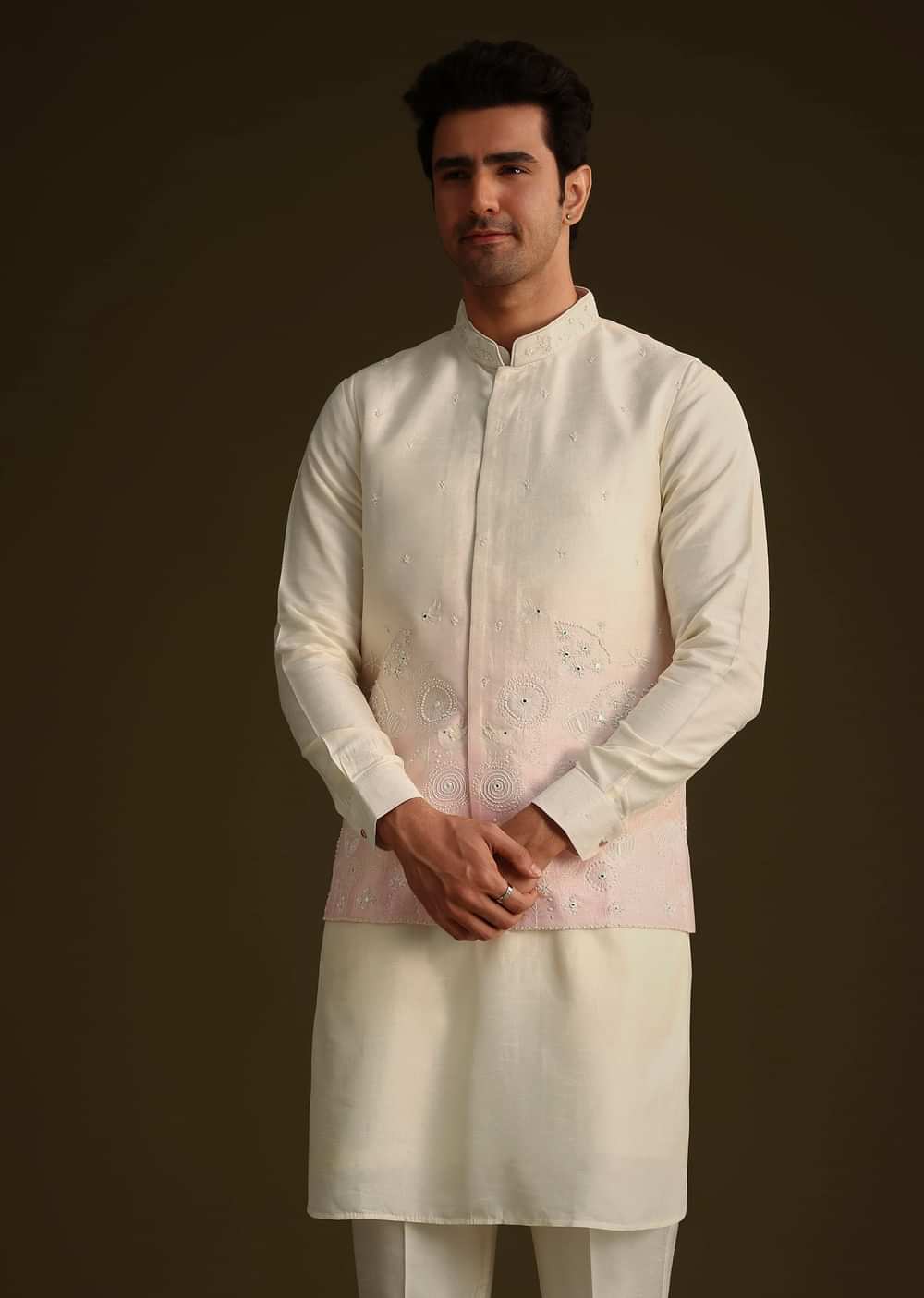 Cream And Pink Silk Jacket Set