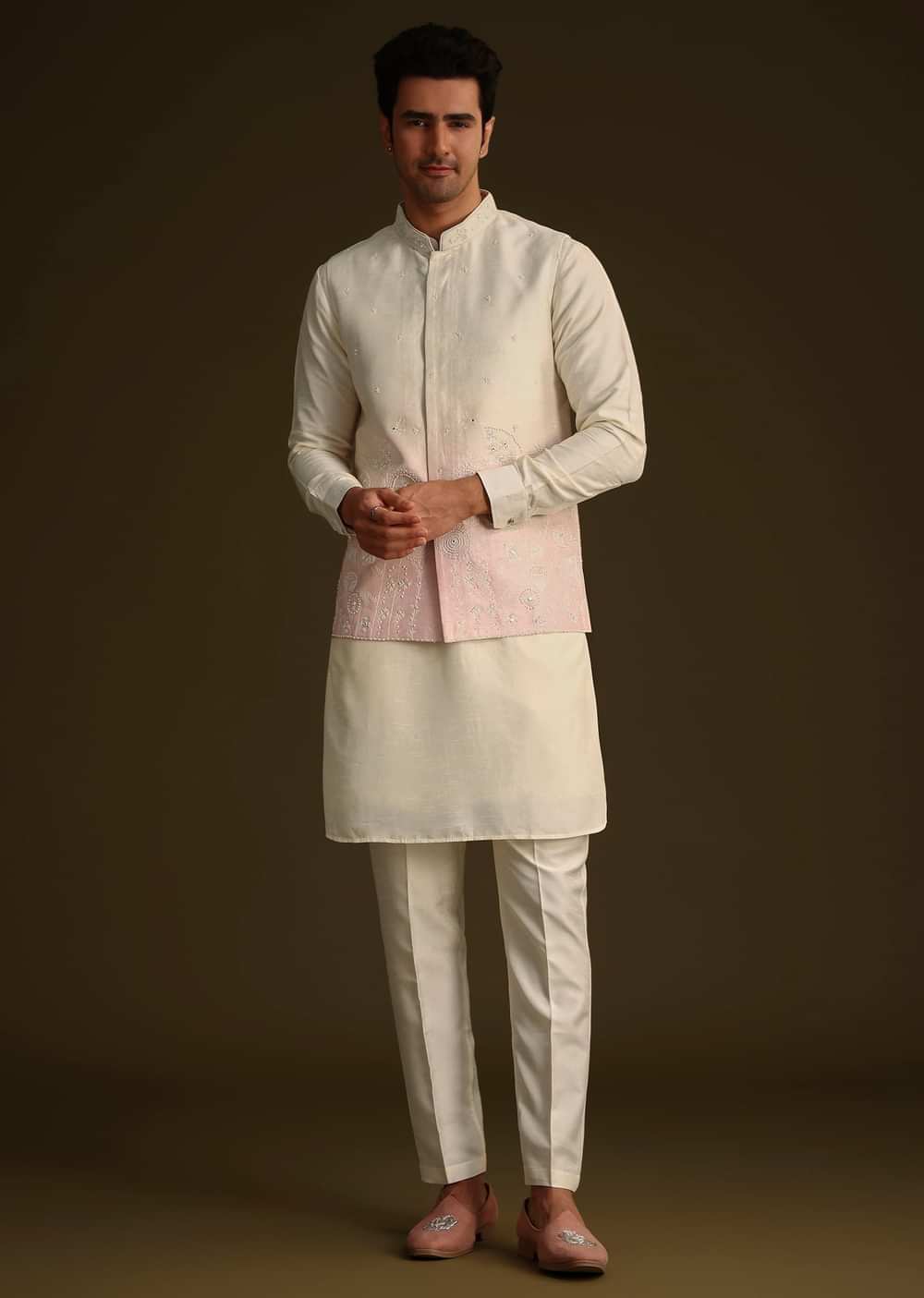 Cream And Pink Silk Jacket Set