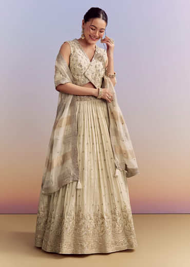 Cream Chinon Bridesmaid Lehenga With Tissue Dupatta