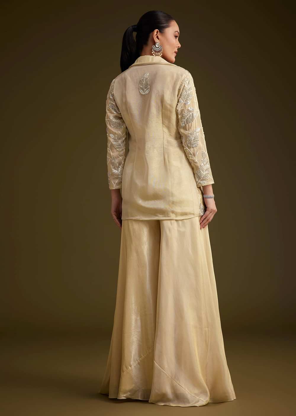 Cream Embroidered Croptop Palazzo And Jacket Set