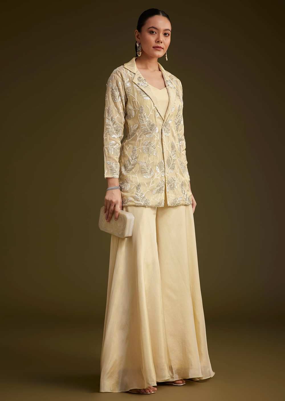 Cream Embroidered Croptop Palazzo And Jacket Set