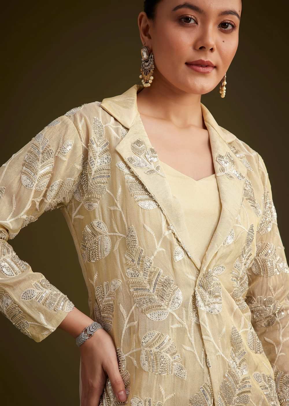 Cream Embroidered Croptop Palazzo And Jacket Set