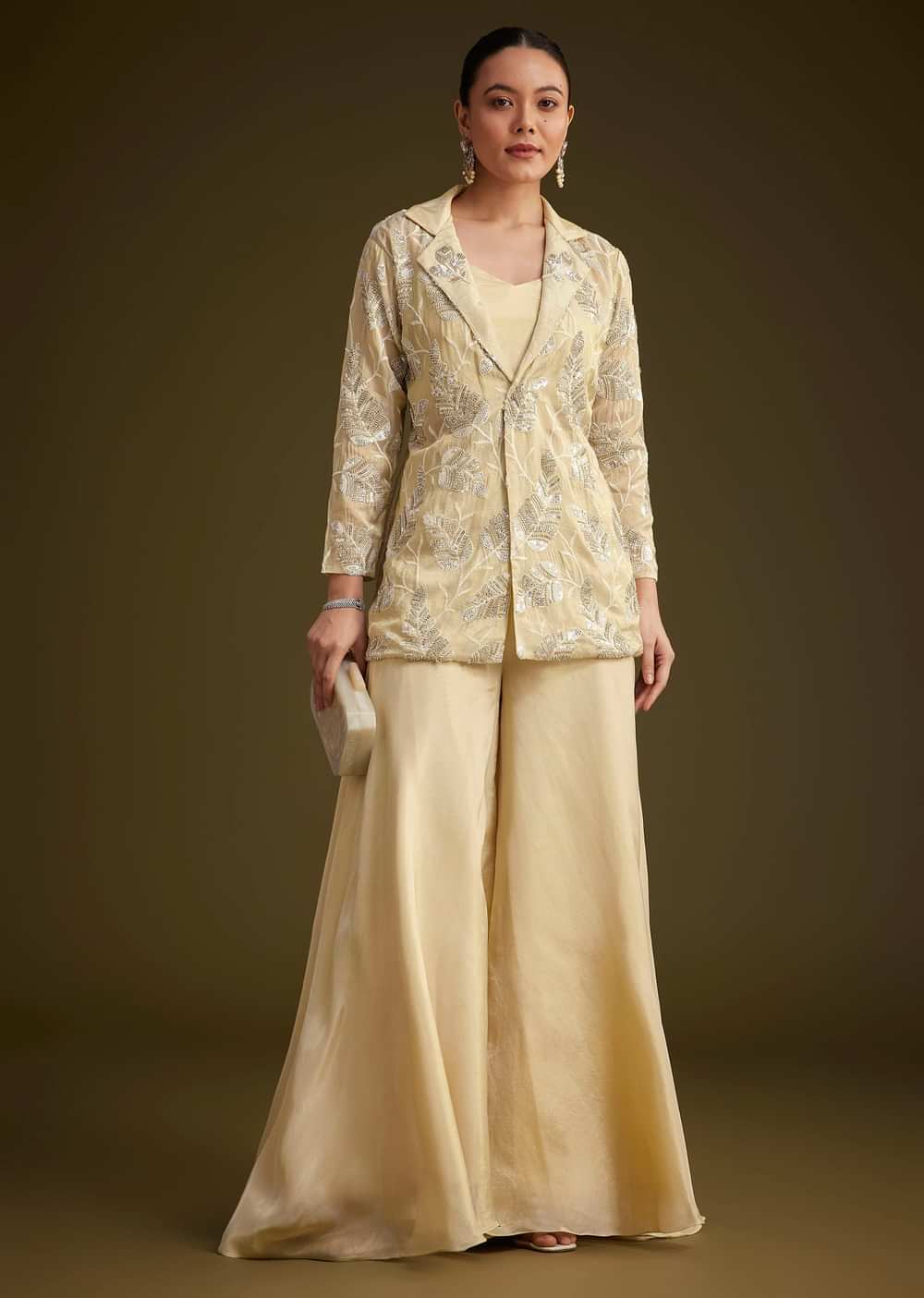 Cream Embroidered Croptop Palazzo And Jacket Set