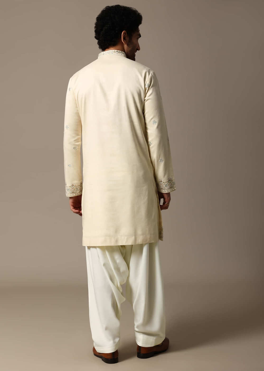 Cream Embroidered Linen Kurta Salwar For Men