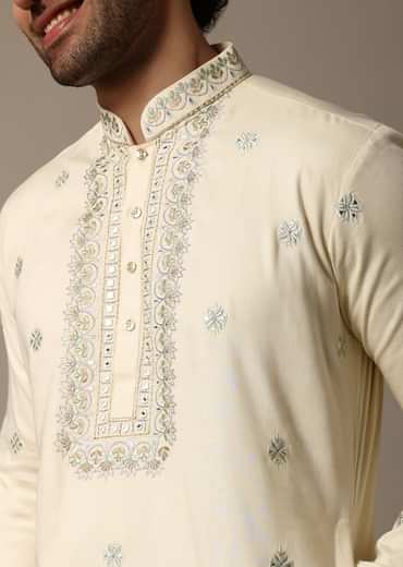 Cream Embroidered Linen Kurta Salwar For Men