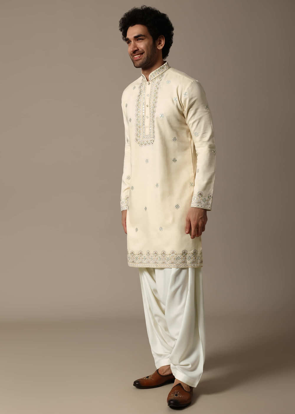 Cream Embroidered Linen Kurta Salwar For Men