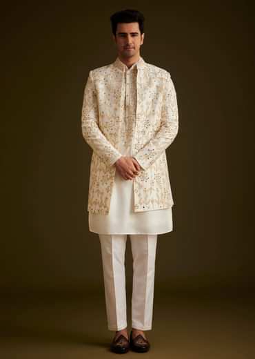 Cream Embroidered Sherwani Set
