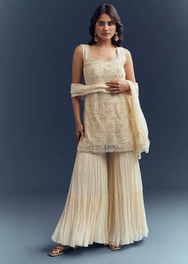 Cream Georgette Sharara Suit With Moti And Thread Work