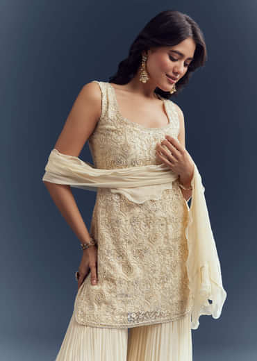 Cream Georgette Sharara Suit With Moti And Thread Work