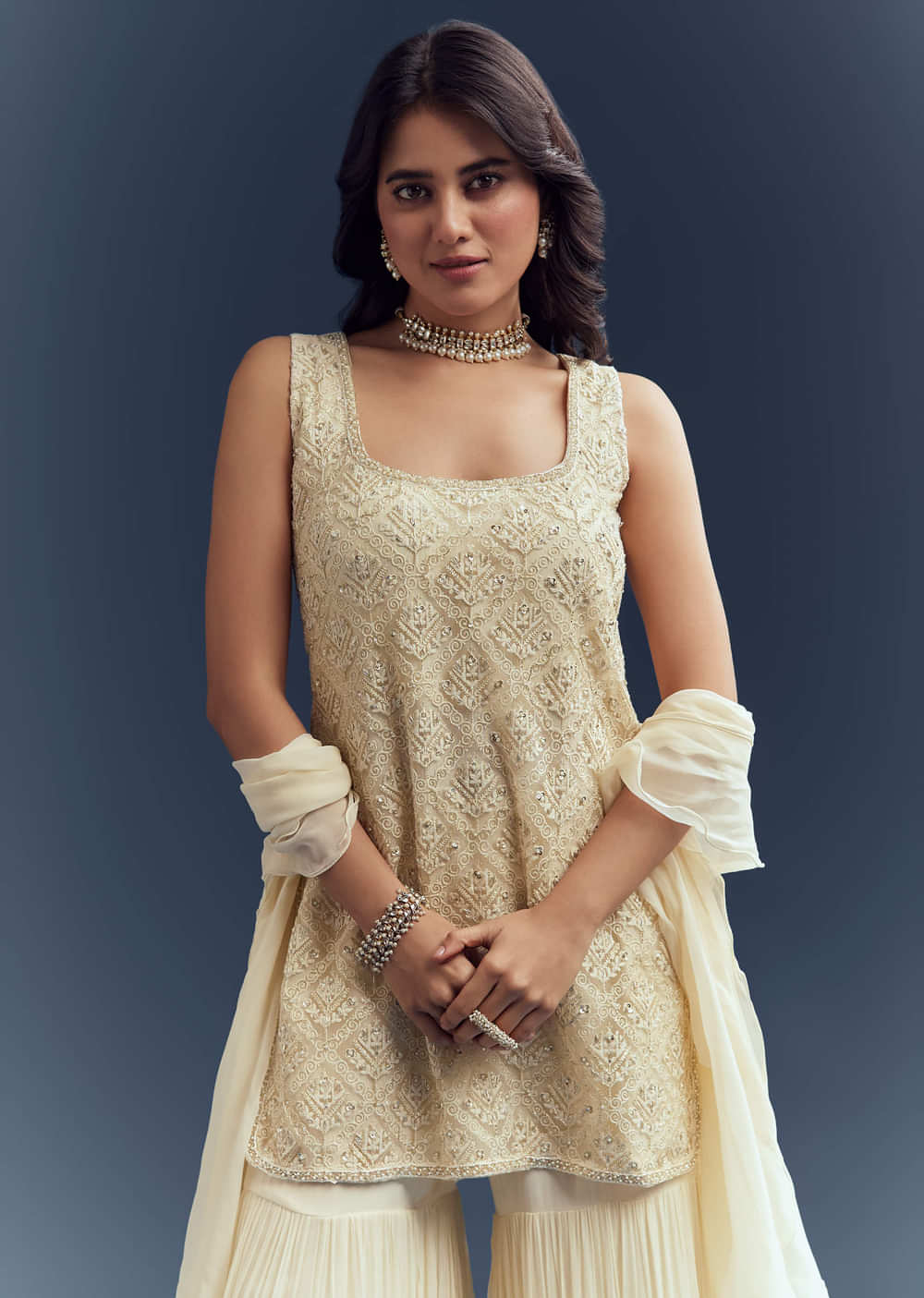 Cream Georgette Sharara Suit With Moti And Thread Embroidery