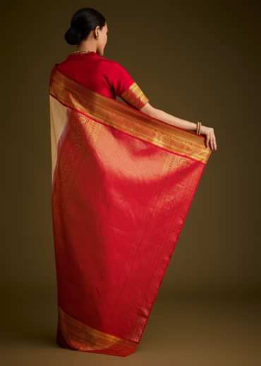 Beige Kanjivaram Silk Saree With Contrast Border