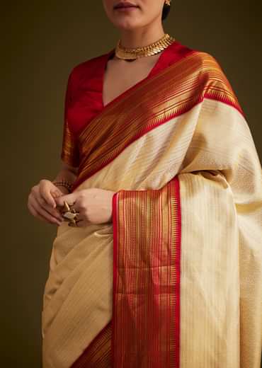 Beige Kanjivaram Silk Saree With Contrast Border