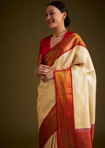 Beige Kanjivaram Silk Saree With Contrast Border