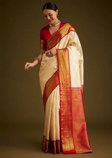 Beige Kanjivaram Silk Saree With Contrast Border