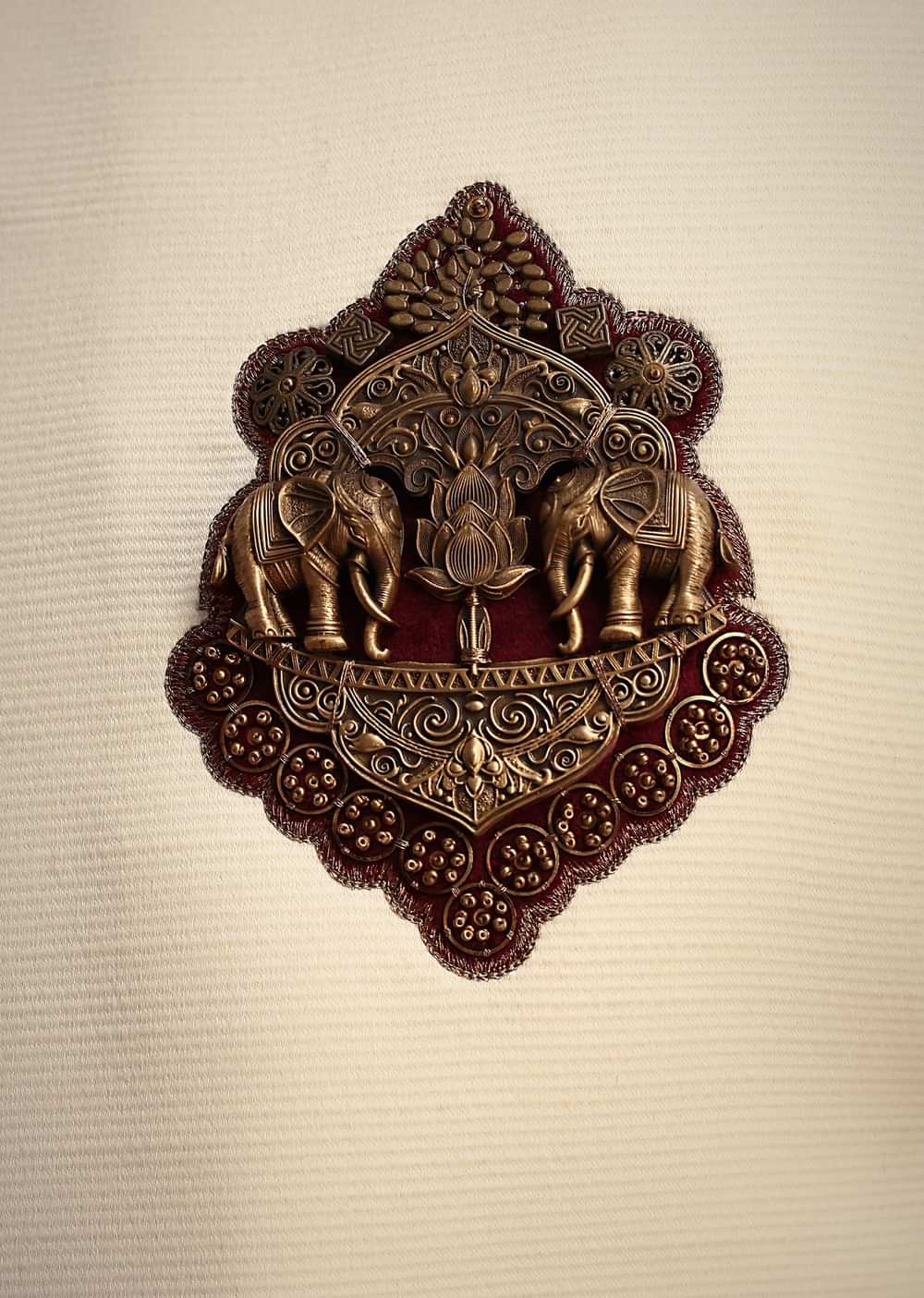 Cream Kurta Jodhpuri Set With Velvet Patch Work Broach