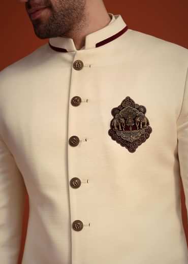 Cream Kurta Jodhpuri Set With Velvet Patch Work Broach