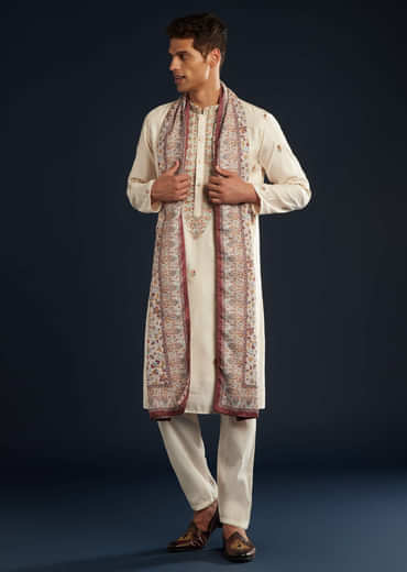 Cream Kurta Set with Kashmiri Printed Dupatta