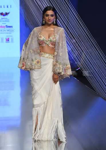 Cream Ready Pleated Saree With Multi Colored Floral Hand Work On The Blouse
