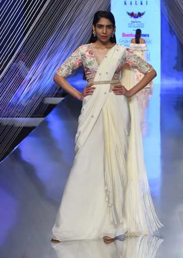 Cream Ready Pleated Saree With Multi Colored Floral Hand Work On The Blouse