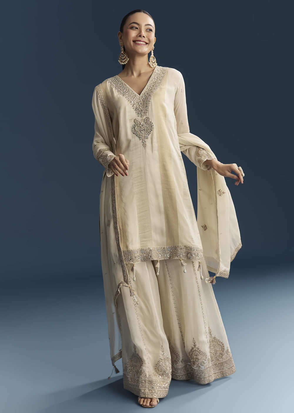 Cream Organza Palazzo Suit With Zari And Mirror Work