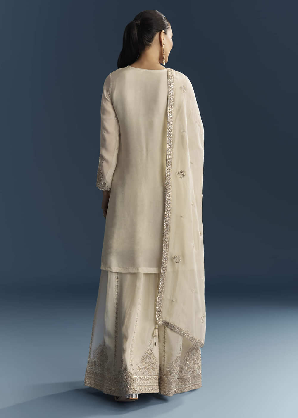 Cream Organza Palazzo Suit With Zari And Mirror Work