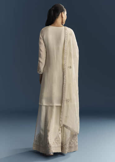 Cream Organza Palazzo Suit With Zari And Mirror Work