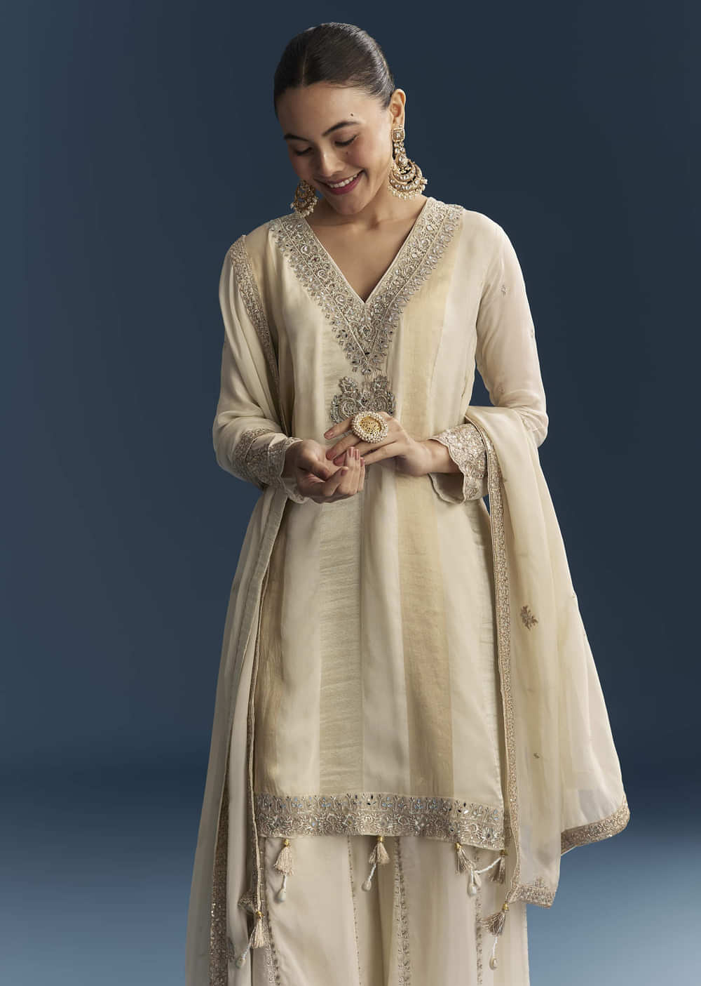 Cream Organza Palazzo Suit With Zari And Mirror Work