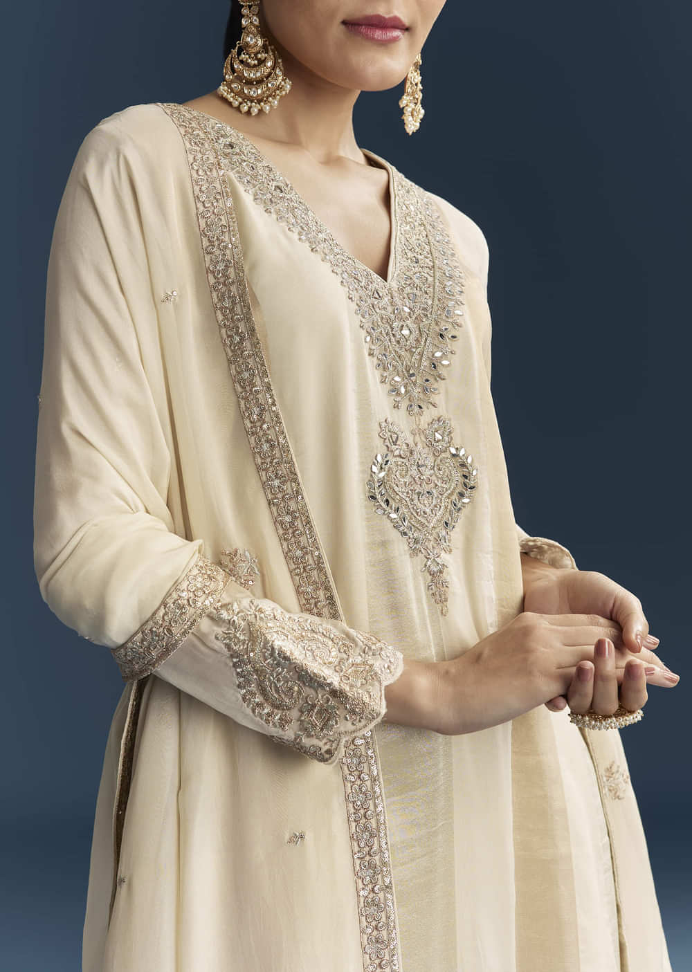 Cream Organza Palazzo Suit With Zari And Mirror Work