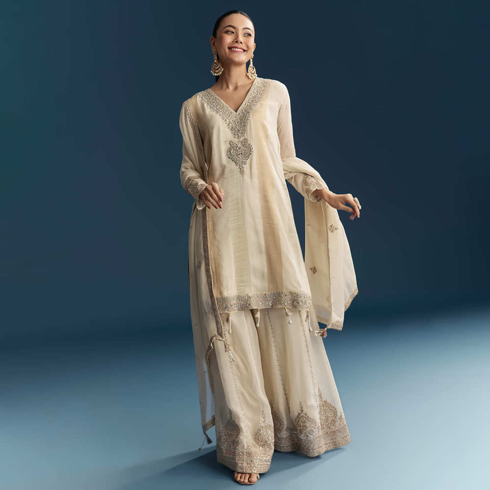 Cream Organza Palazzo Suit With Zari And Mirror Work
